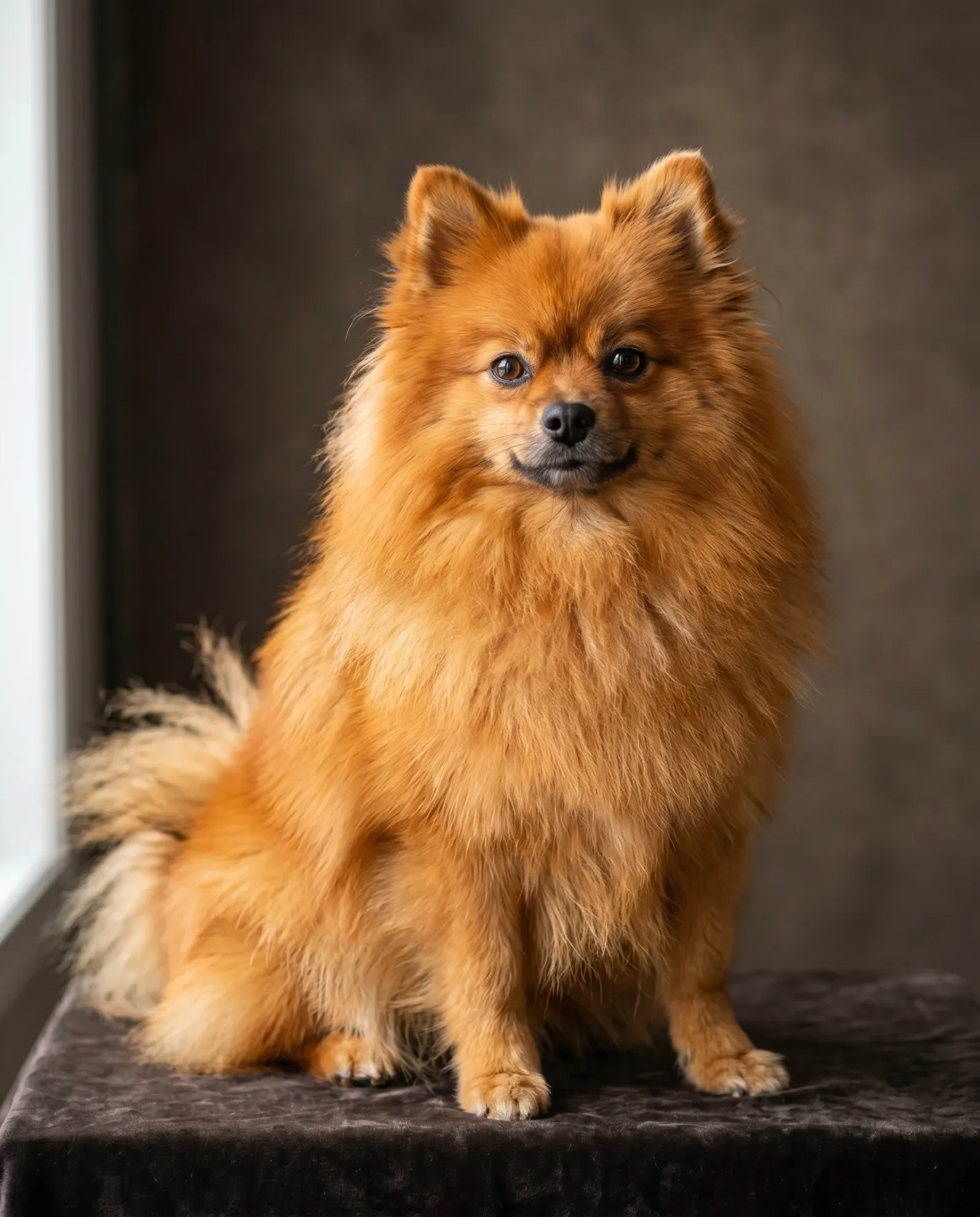 Gros plan sur un œil de chien photographié de profil, en lumière naturelle douce venant d’une fenêtre, avec un fond flou de salon.