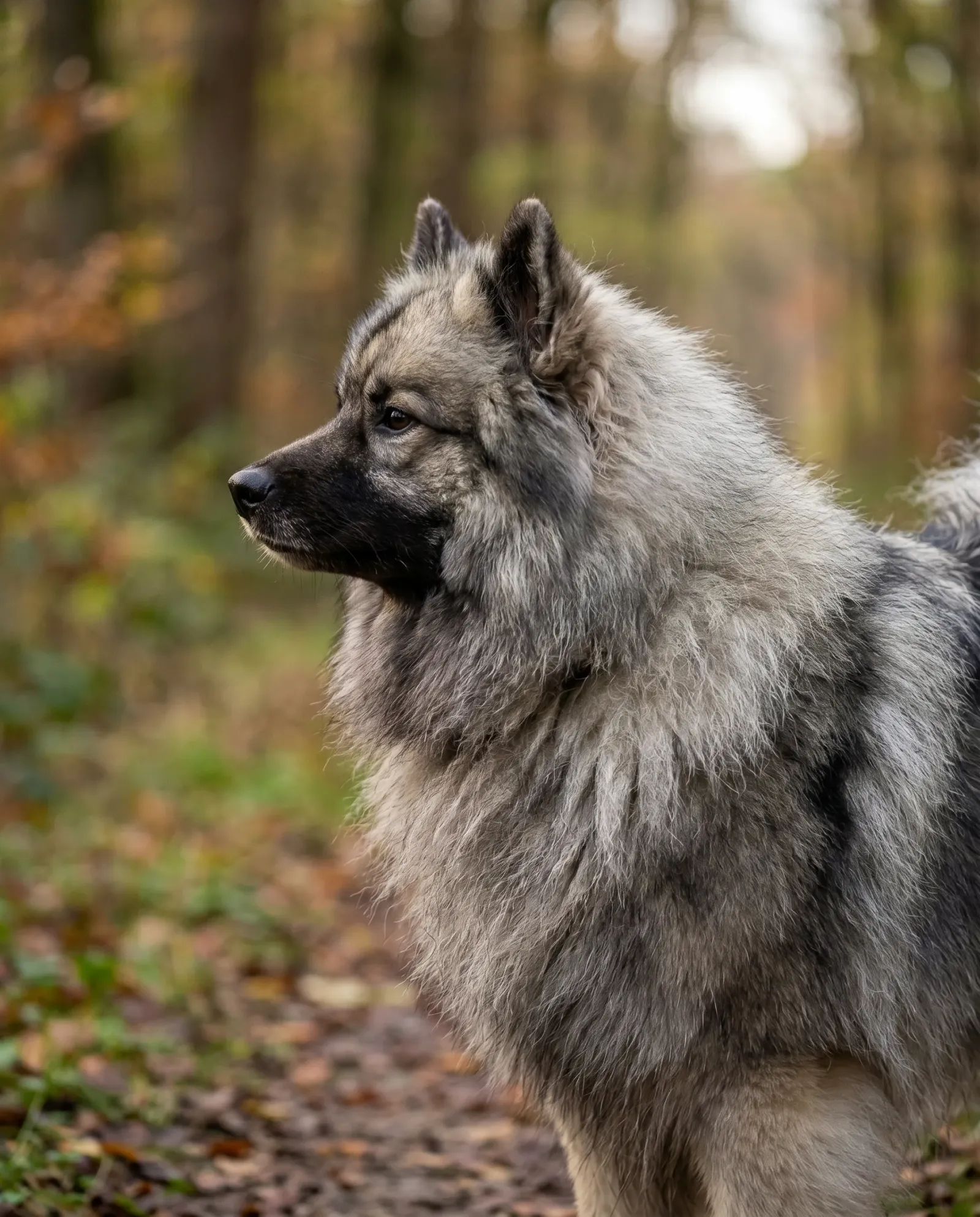 Un Spitz allemand de taille moyenne assis sur un tapis de salon près d’une fenêtre, lumière douce de fin d’après-midi, plan rapproché de trois quarts montrant les oreilles dressées et la queue enroulée.